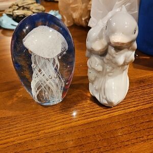 Glass Jellyfish Paperweight and Ceramic Duck Figurine